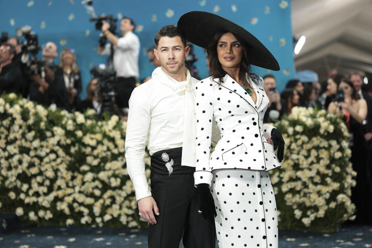 Nick Jonas and Priyanka Chopra pose during the Met Gala 2025
